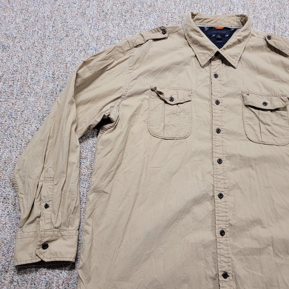 Tommy Hilfiger Shirt Mens 2XL Beige Corduroy Button Up Long Sleeve Safari Trim - Picture 5 of 15